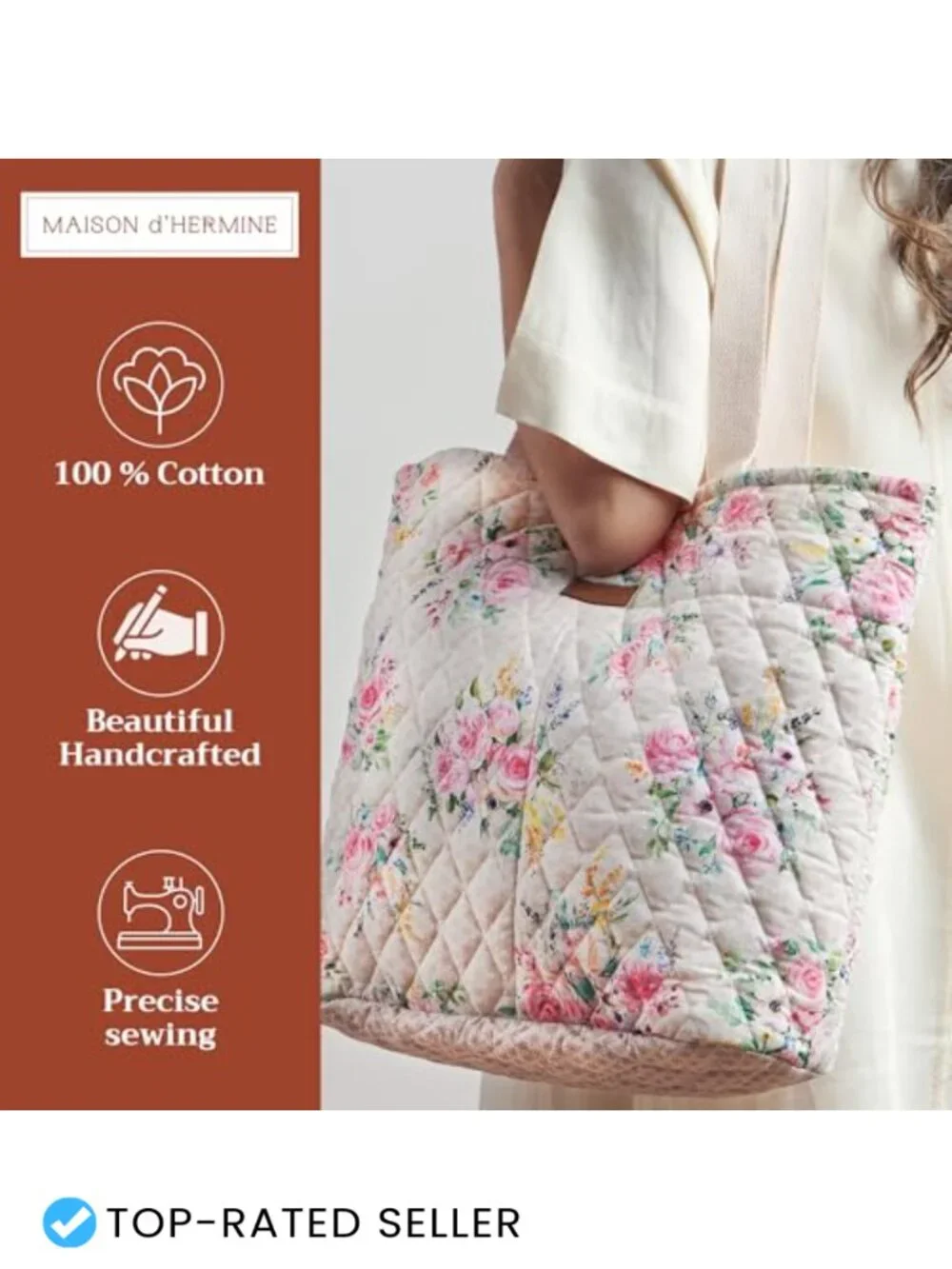 Quilted Cotton Tote Bag with Zipper Pockets and Removable Pouch